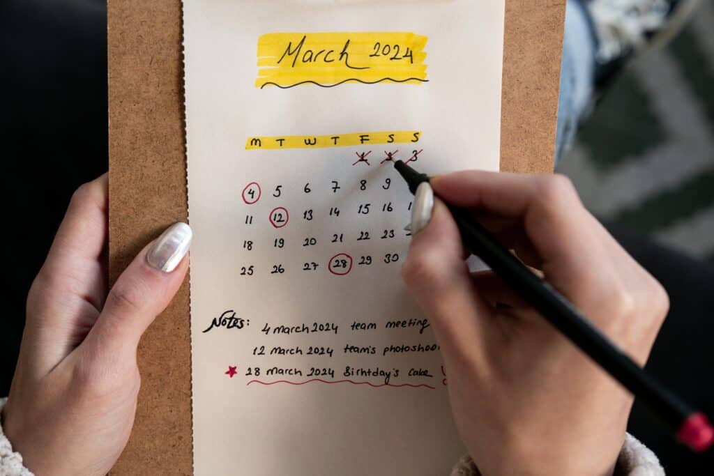 Subtract business days from a date — hand-drawn calendar with crossed out days